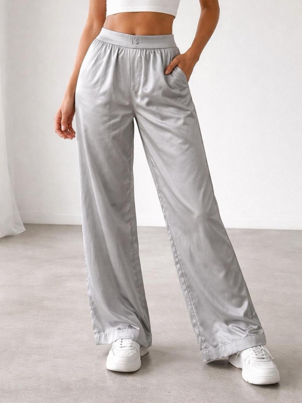 Victoria’s Secret Silver Satin Wide Leg Pants Oversized Small Gray Pull On Gym